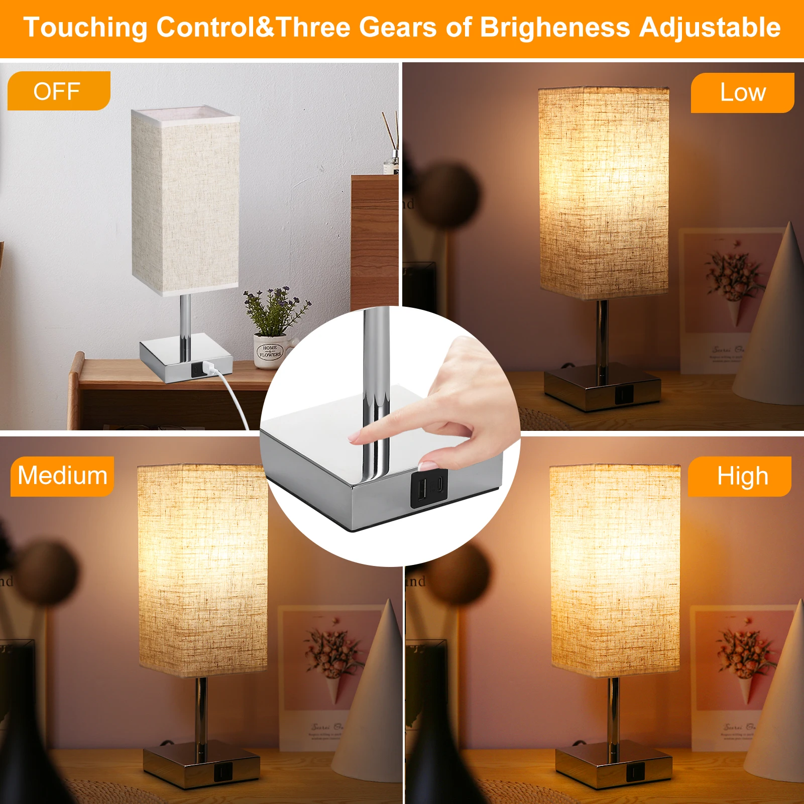 2 حزم من القماش مصباح طاولة بجانب السرير منضدة مع لمبة LED بيضاء دافئة مكتب ضوء التحكم باللمس USB A نوع C منافذ شحن #4