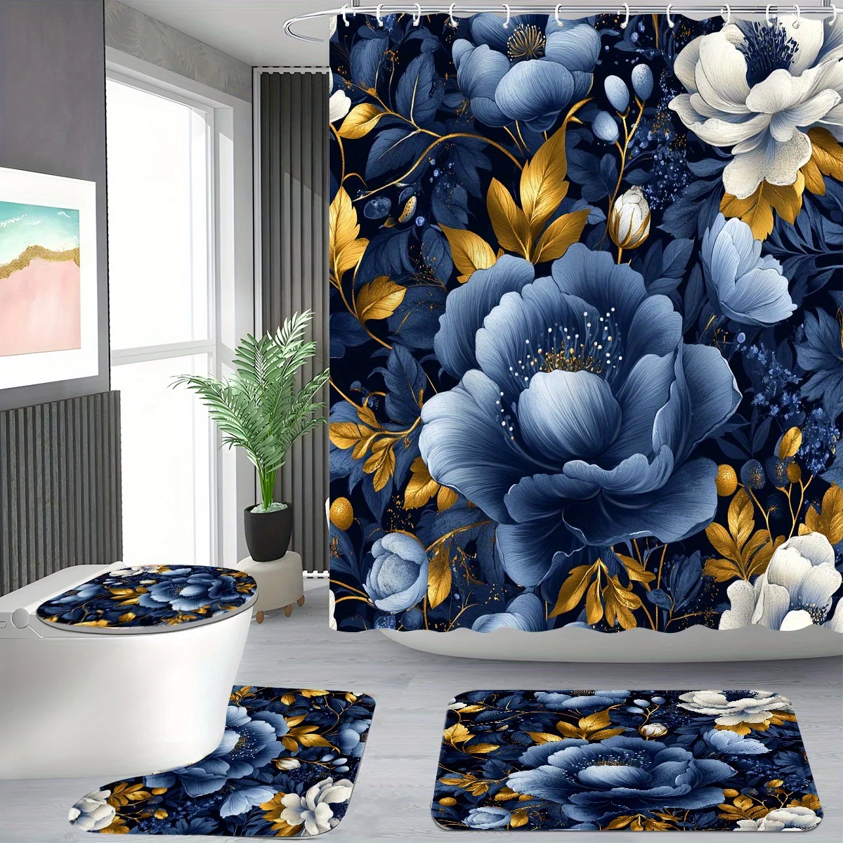 

4 шт.-набор занавесок для душа, роскошный синий и золотой цветочный узор, современное индивидуальное украшение для ванной комнаты с 12 крючками