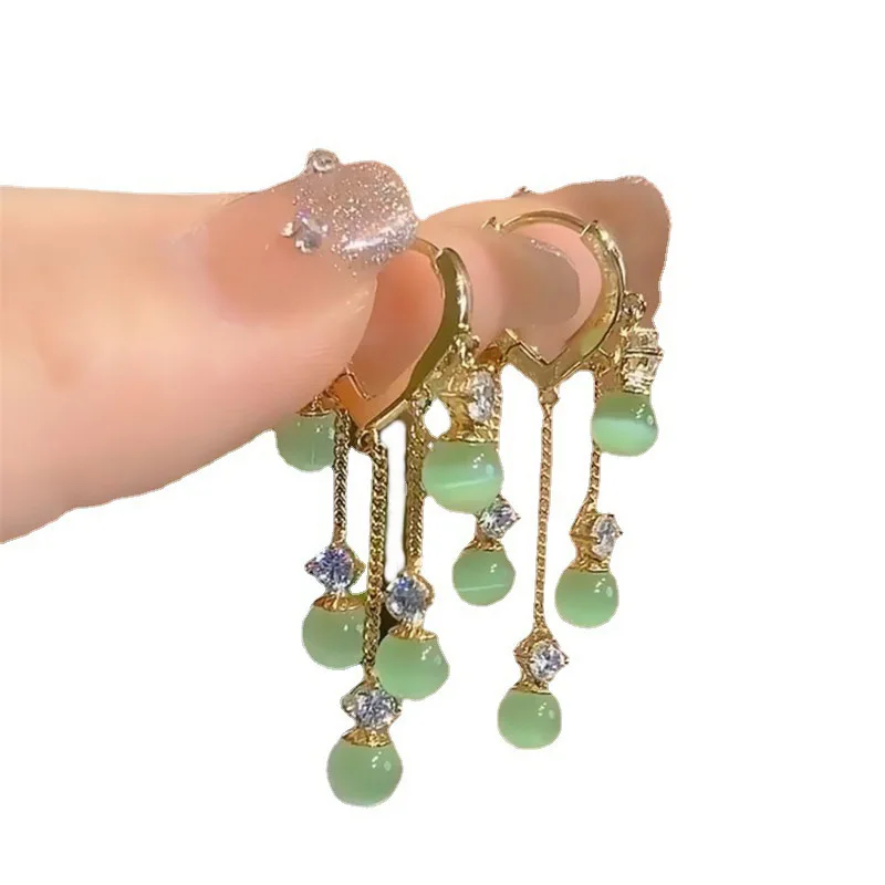 Korean Elegant Green Opal Tassel Earrings for Women Vintage Temperament Crystal Hoop Earring Bride Wedding Party Jewelry Gift