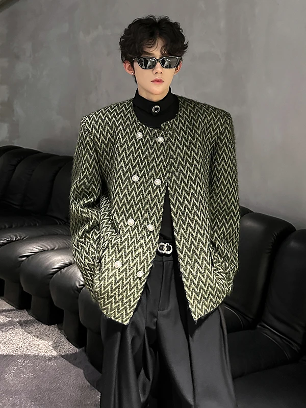 

Модная городская мужская куртка в клетку на осень-зиму, без воротника, с двойной застежкой на пуговицах, из полиэфирного волокна, с длинными рукавами.