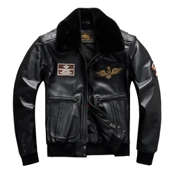 Black Winter Leather Jacket Men Military Style Plus Size 5XL Wool Turn-Down Collar Genuine Natural Cowhide Flight Coat