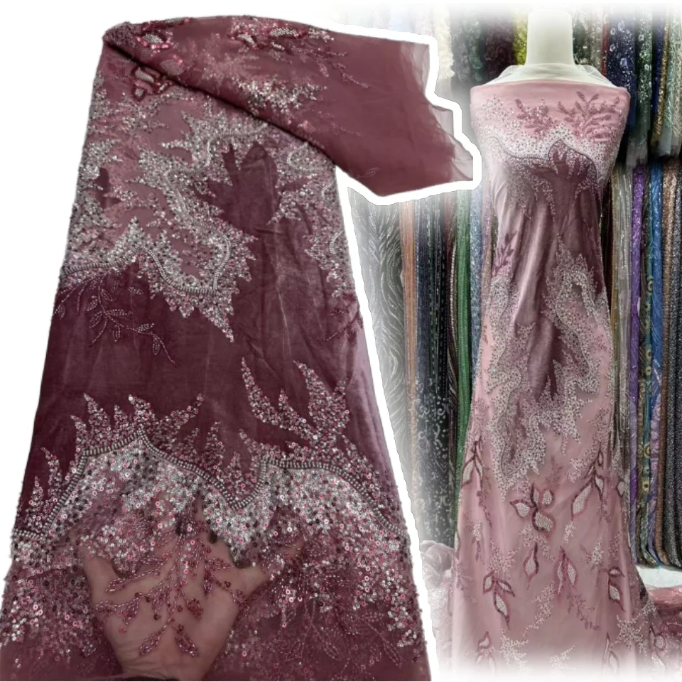 

2025 5 Yards Luxury African Velvet Mesh Beaded Lace Fabric Purple French with Sequin Embroidery for Party Evening Gown CC1322