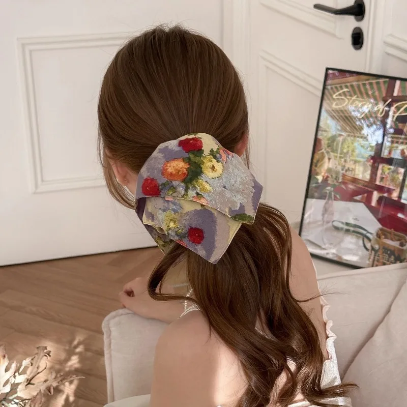 ربطة شعر على شكل لوحة زيتية مربعة الشكل للنساء، ربطة شعر على شكل ضفيرة لفصل الصيف، إكسسوار شعر أنيق ومريح