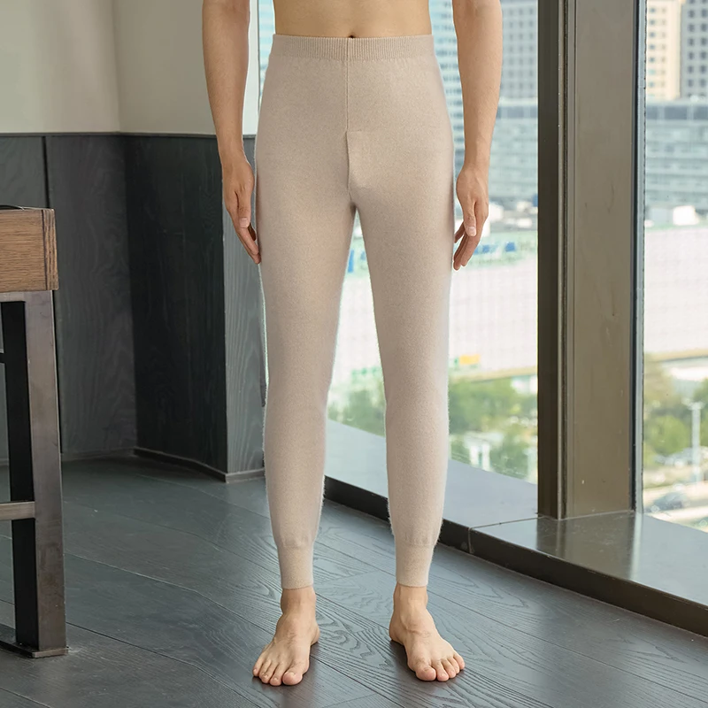Autumn Winter 100% Cashmere Knitted Base Layer Pants Soft Comfortable Solid Color Warm Pants Skin-Friendly Men's Thermal Pants