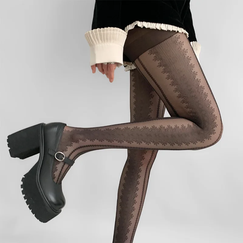 Japanese Lolita Style Fashion Floral Rattan Sexy Black White Stocking for Women Classic Thin Lace Stockings Pantyhose