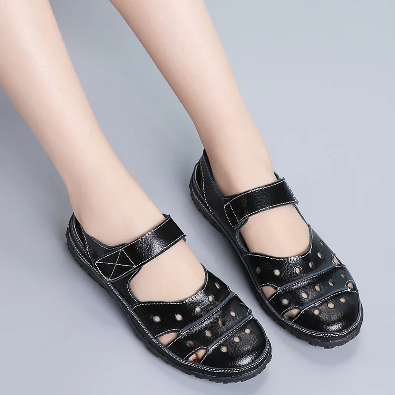 Summer Women Leather Sandals Hollow Flat White Fashion Casual Ladies Shoes Sandales Round Toe Non-Slip Size 35-42 Zapatos Mujer