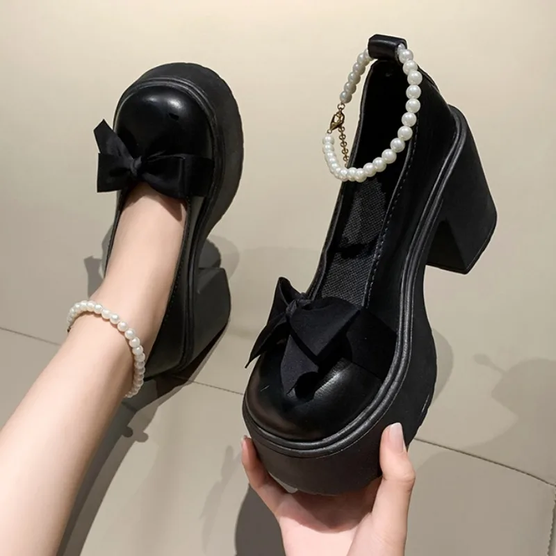 Women Thick Platform Mary Janes Lolita Shoes Party Pumps Summer 2024 Sandals Bow Chain Mujer Shoes Fashion Oxford Zapatos Q15