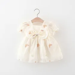 (0-3 Years Old) Summer Baby Girl Mesh Butterfly Embroidered Princess Dress Girl Bow Cute Short Sleeved Dress