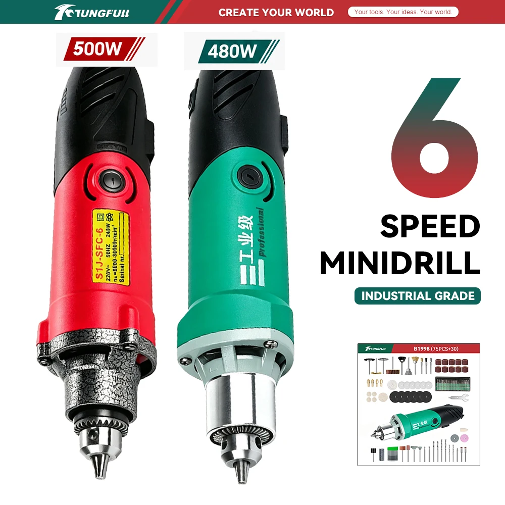 TUNGFULL Industrial Grade Electric Grinder High Speed Rotary Tool for Metal Wood Carving Polishing with 6-Speed Control