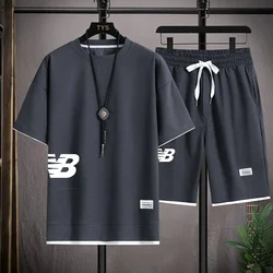 New Summer Sets Men's T-shirt + Shorts Suit Brand Short Sleeve Set Printed waffle Tshirts Jogging Sweatpants Male Sport Suit