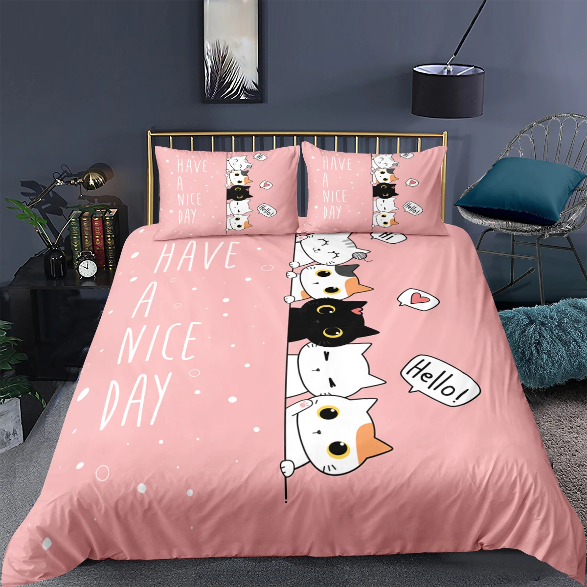 Cartoon Cat Duvet Cover King Queen Lovely Kitty Feet Pattern Bedding Set for Kids Boys Girls Animal 2/3pcs Polyester Quilt Cover