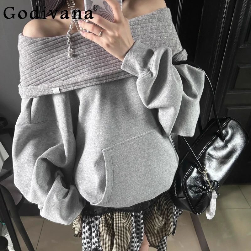 Gray Off Shoulder Sweatshirt for Women Spring Autumn Japanese Style Hoodies Girls Lolita Sweet Loose Versatile Sweatshirts