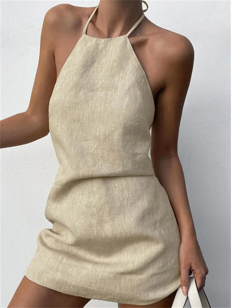 Tossy Female Backless Mini Dress Lace-Up Solid Basic Hanging neck Patchwork  Casual Off-Shoulder Dress Sexy Fashion Women Dress