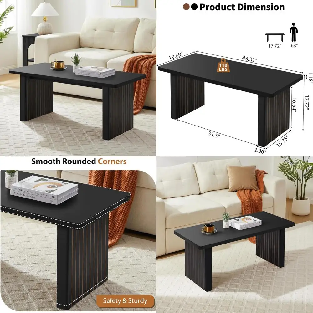 Mid Century Modern 43 Inch Wooden Coffee Table with Fluted Legs and Rounded Corn for Living Room