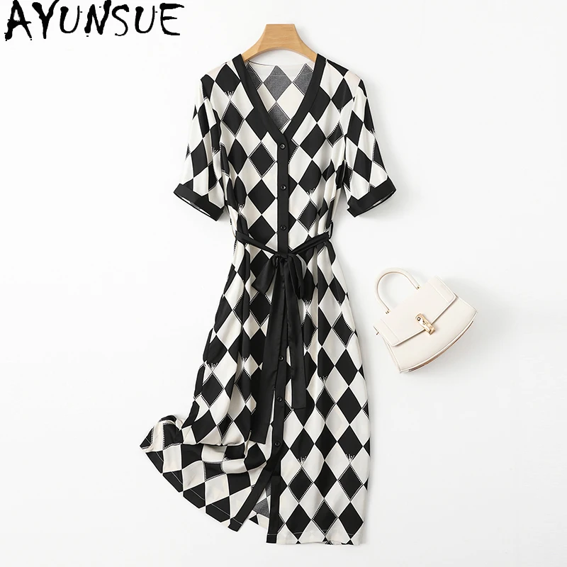 AYUNSUE 92% Real Mulberry Silk Dresses 2024 Women Plaid Summer Dress Superior Women Clothes Mid Long Dresses Robe Eté 2024 Femme