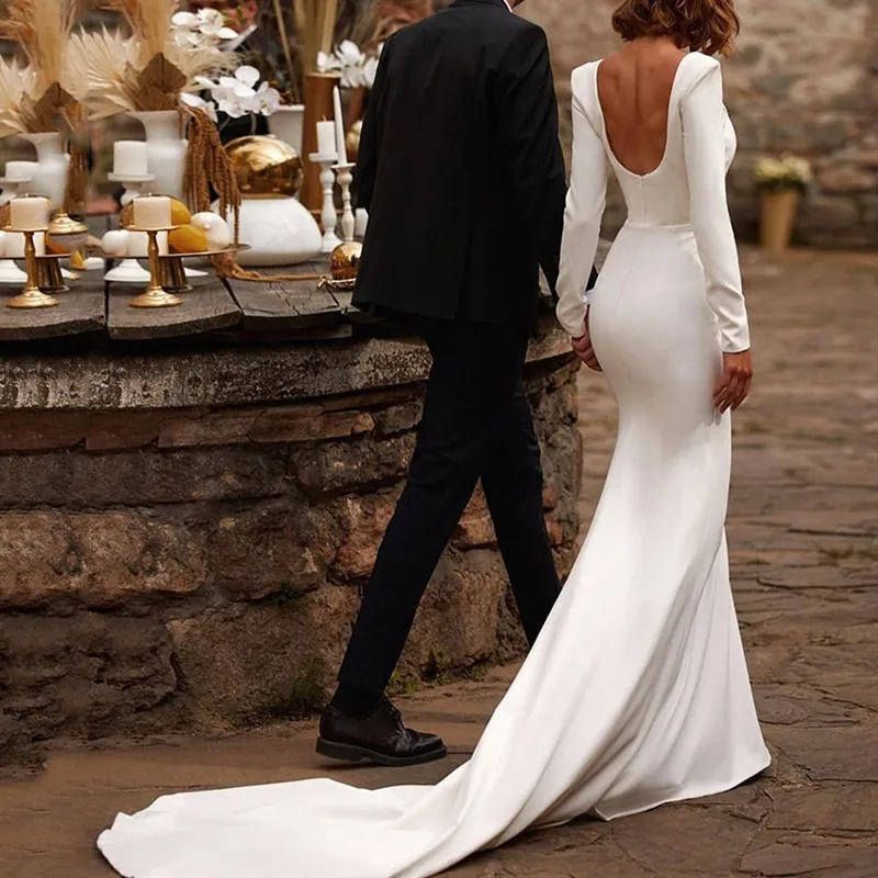 Vestido de novia blanco de sirena, prenda de satén con espalda descubierta, cremallera plisada, manga larga, cuello cuadrado, tren de corte, 2024