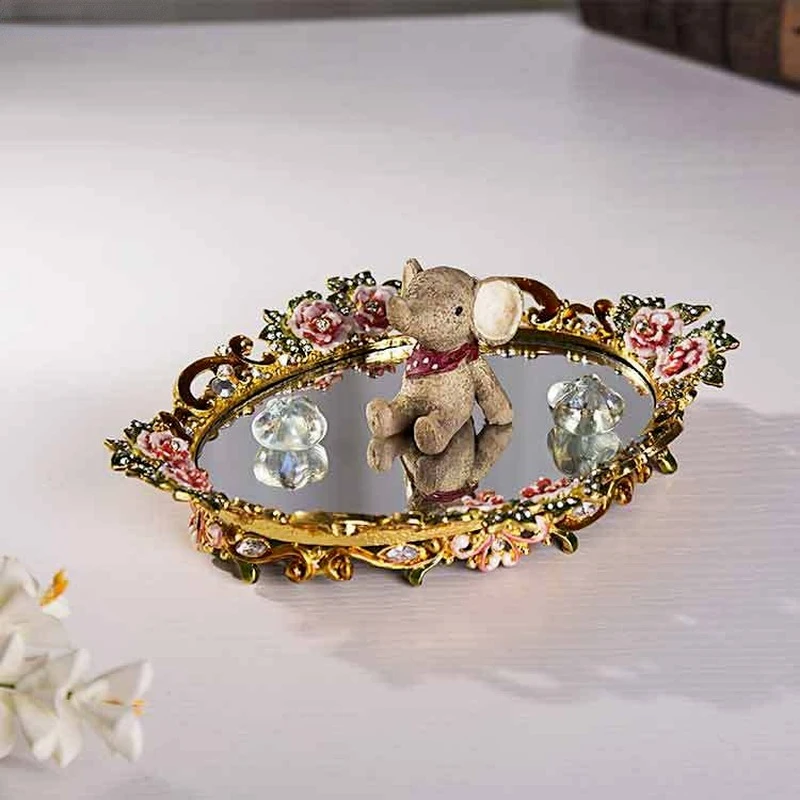 

European vintage metal mirror tray, jewelry ring storage tray, European living room decoration accessories decorative tray