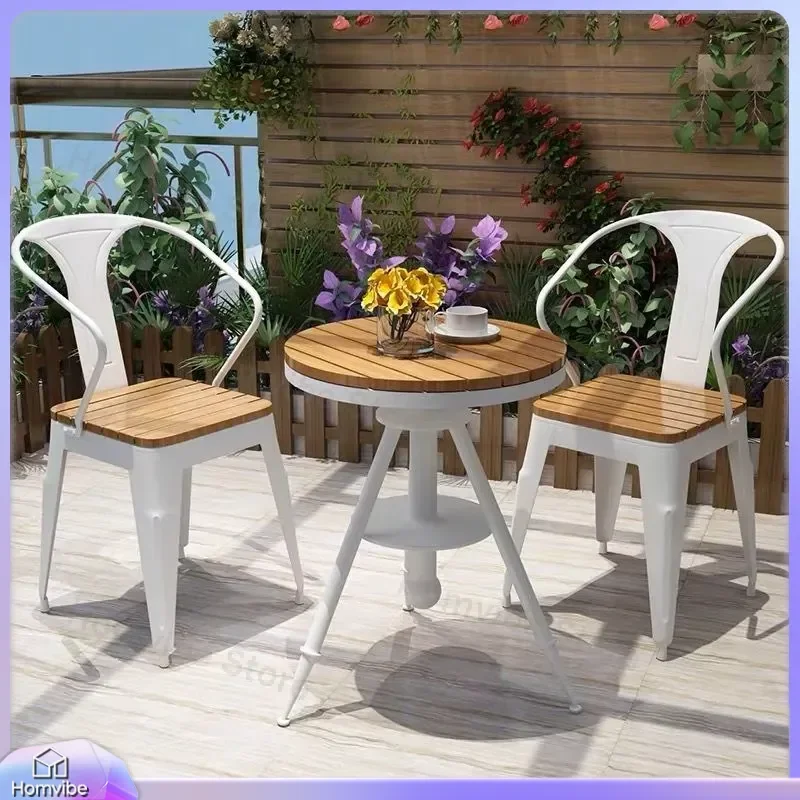 Outdoor Patio Furniture Set Waterproof Sunproof Plastic Wood Dining Table and Chairs Simple Balcony Garden Courtyard Leisure