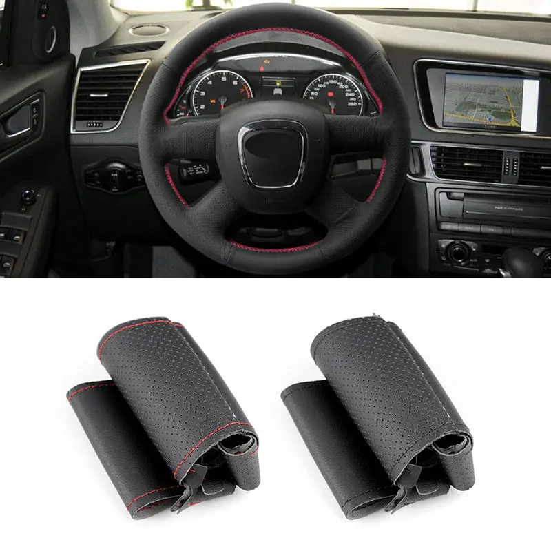 For Audi A3 8P A4 B8 A5 8T A6 C6 A8 D3 Q5 8R Q7 4L without button Hand-stitched Car Steering Wheel Cover Perforated Leather Trim