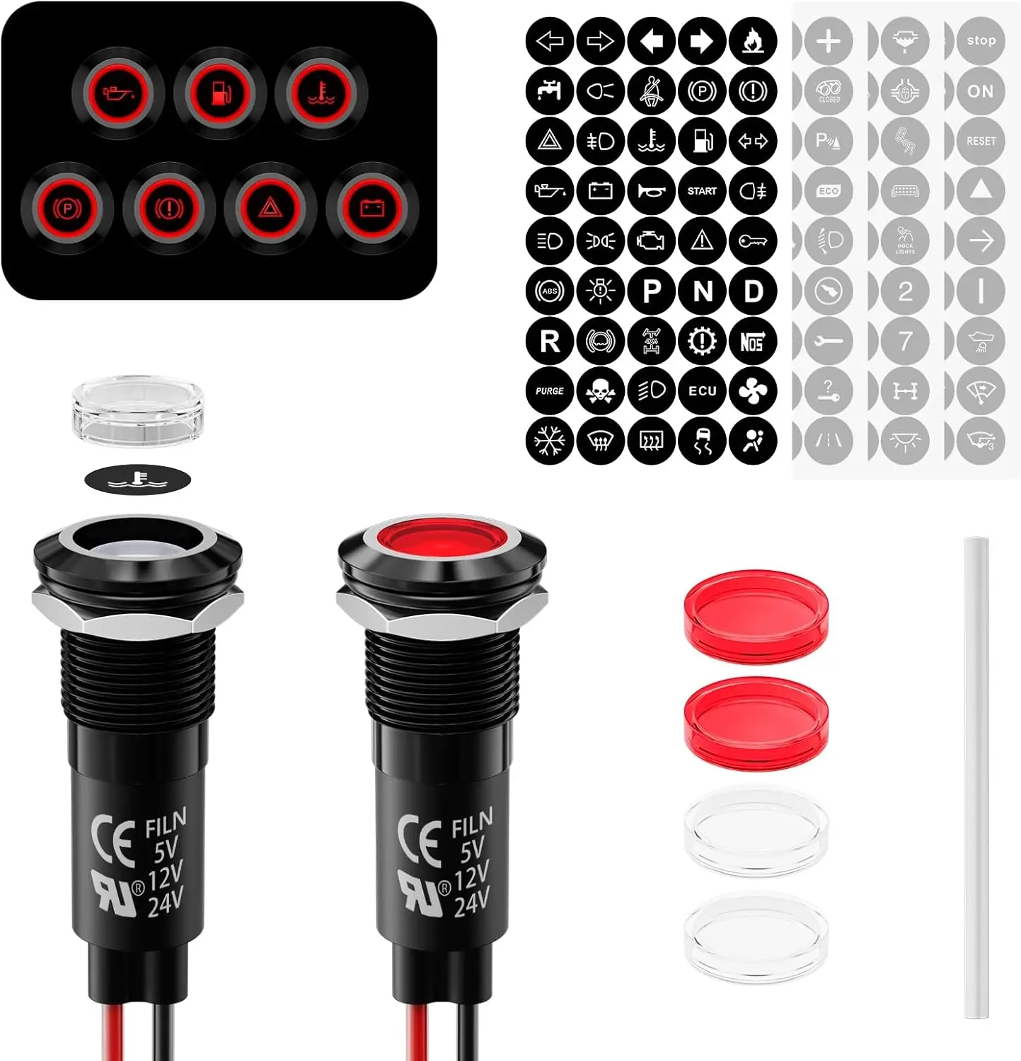 

2 шт. светодиодных металлических индикаторных ламп с 180 символами, 12В/24В, водонепроницаемые IP67, для самостоятельной установки на приборную панель автомобиля, лодки, мотоцикла