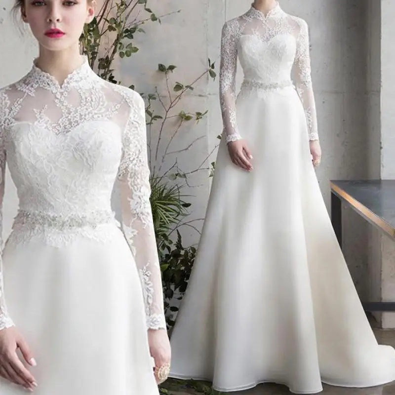 Vestidos De Novia De línea A con encaje, manga larga, satén, hasta el suelo, elegante, cuello alto, bata Simple De Marie