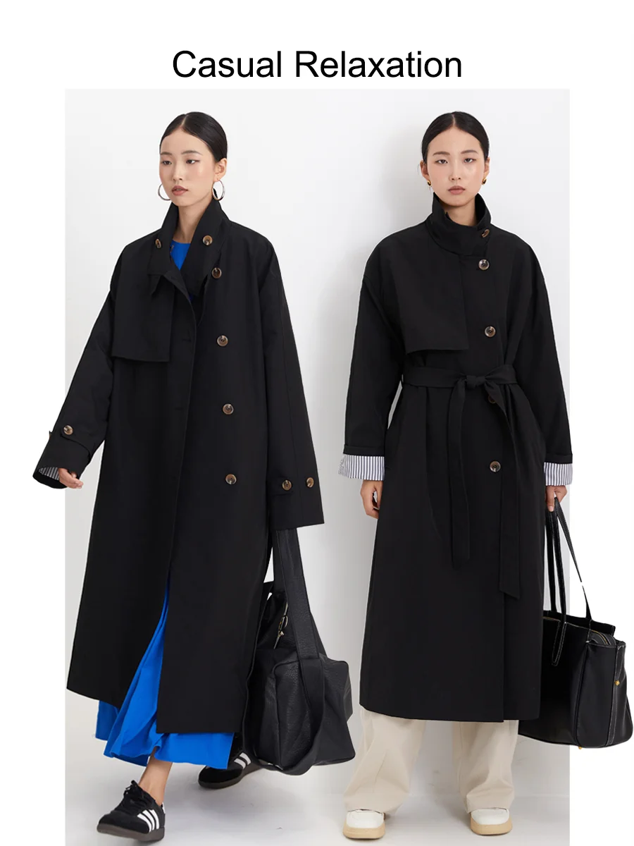 

Длинное пальто CR с воротником-стойкой, в полоску, классическое, женское, весна-осень, новая модная повседневная модель для отдыха