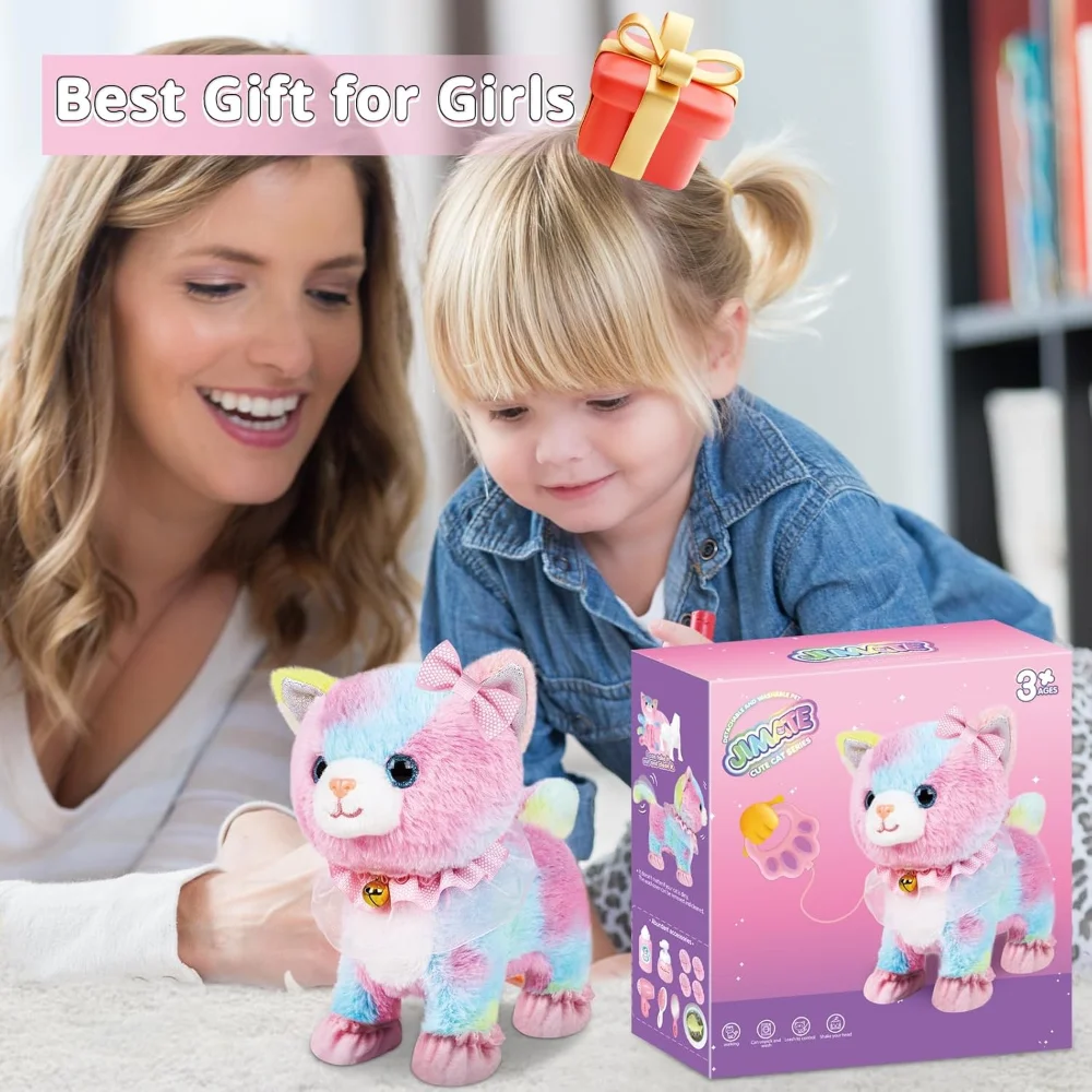 Interactive Electronic Plush Toy, Walking and Barking Robot Colorful Cat Plush, Remote Control Kitten Pets, Best Gifts for Girls