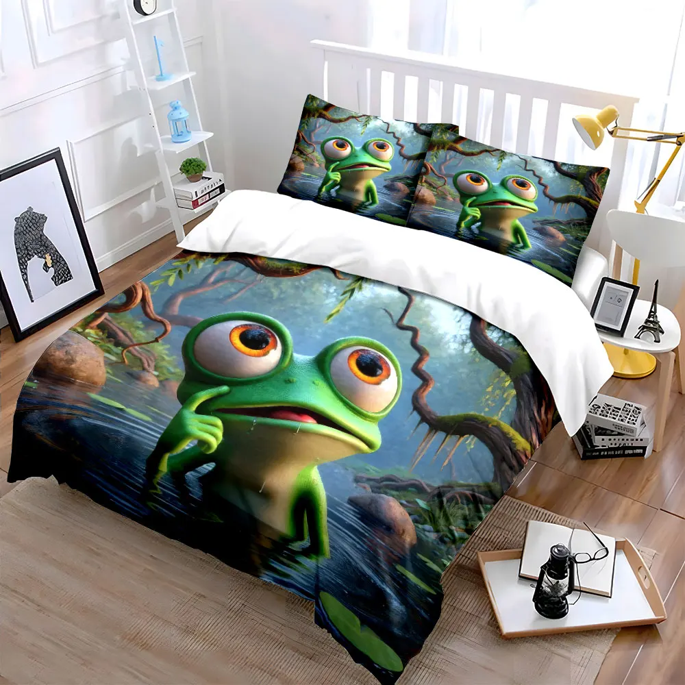 "Cartoon Frog Decorative Set" Soft Skin-Friendly Bedding Set Includes 1 Duvet Cover And 2 Pillowcase, Gift
