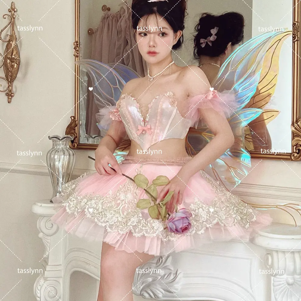 The Swan Cosplay Illusionary Beaded Flower Fish Bone Corselet Set Illusory Color Crystal Strap Tutu Dress Halloween Costumes