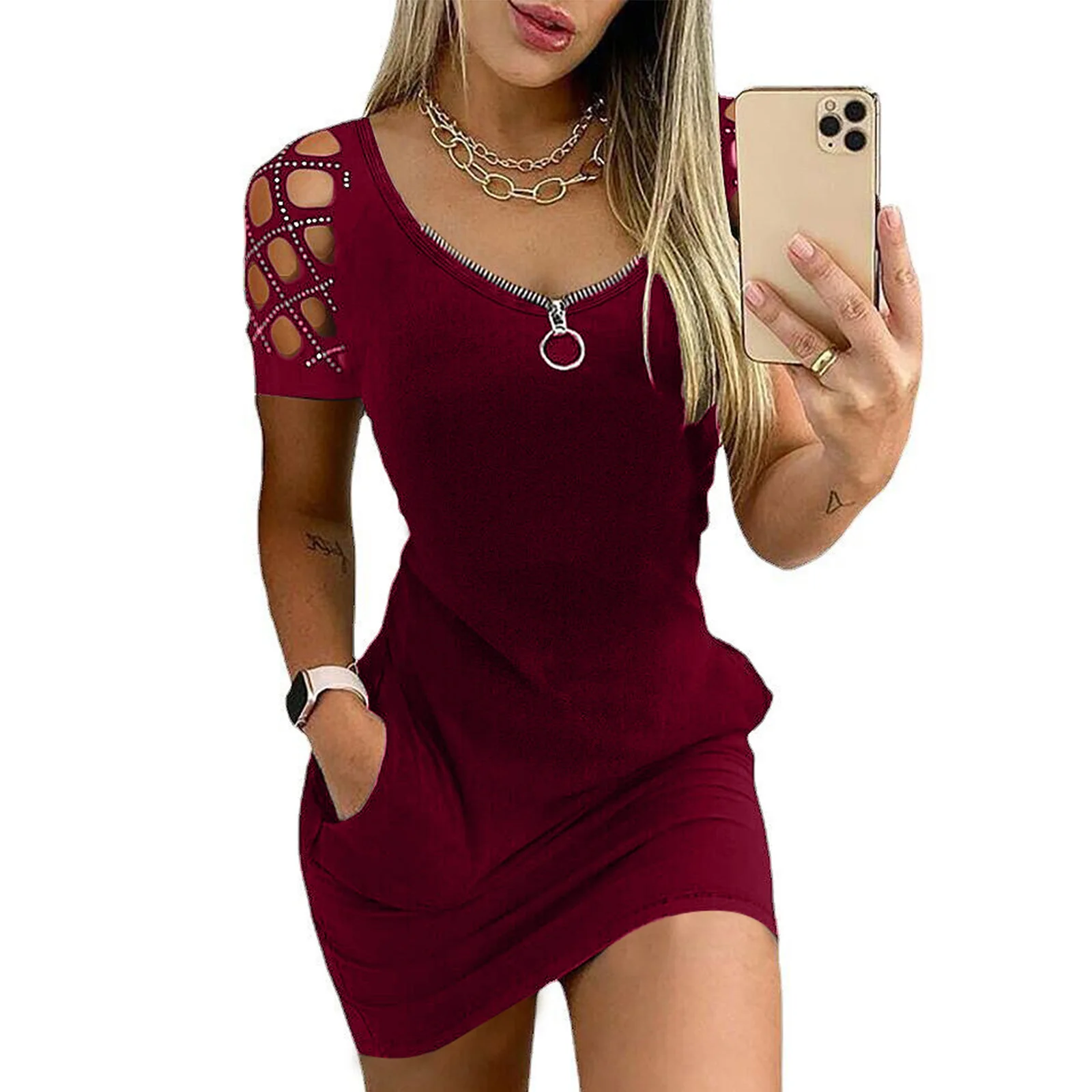 Dress for Woman 2023 Women's New Short Sleeve Hollow Diamond Pocket Sexy Slim Dress