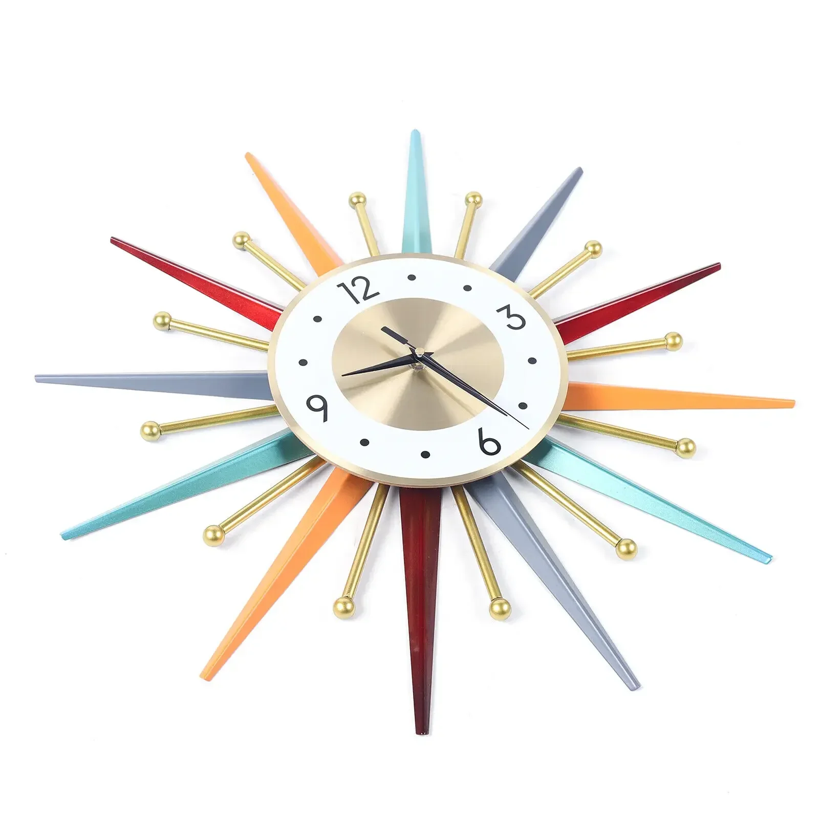 

Silent Metal Large Wall Clock 22 Inch, Mid Century Modern Big Colorful Sunburst Starburst Clock for Living Room Decor