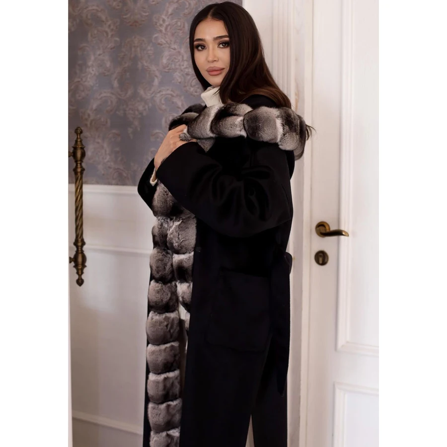 Women\'s Natural Fur Coat Hooded Real Cashmere Coat Black Long Wool Blends Coat With Natural Rex Rabbit Trim Luxury New Arrivals