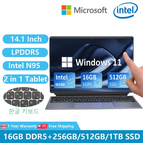 2024 태블릿 PC 노트북, 윈도우 11 넷북, 14.1 인치 터치 스크린, 인텔 알더 Lake-N100, 16GB DDR5 PD 충전, 와이파이 오피스, 2 인 1 