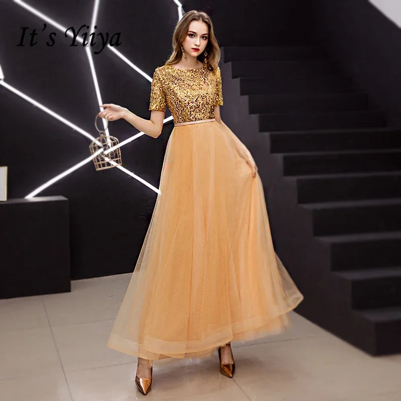 

It's YiiYa Customized Evening Dress Golden Sequins Tulle O-neck Short Sleeve Lace Up A-line Plus size Woman Party Gowns E378