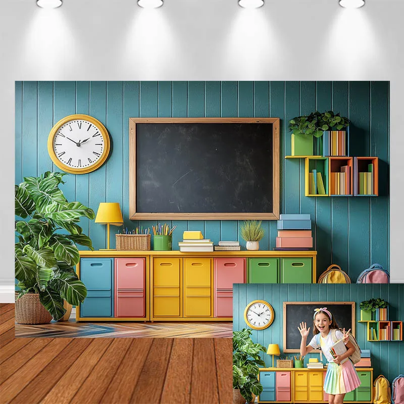 LS School Themed Photography Backdrop Clock Books Colorful Storage Baskets Book Covers Decor Kids Portrait Photo Background
