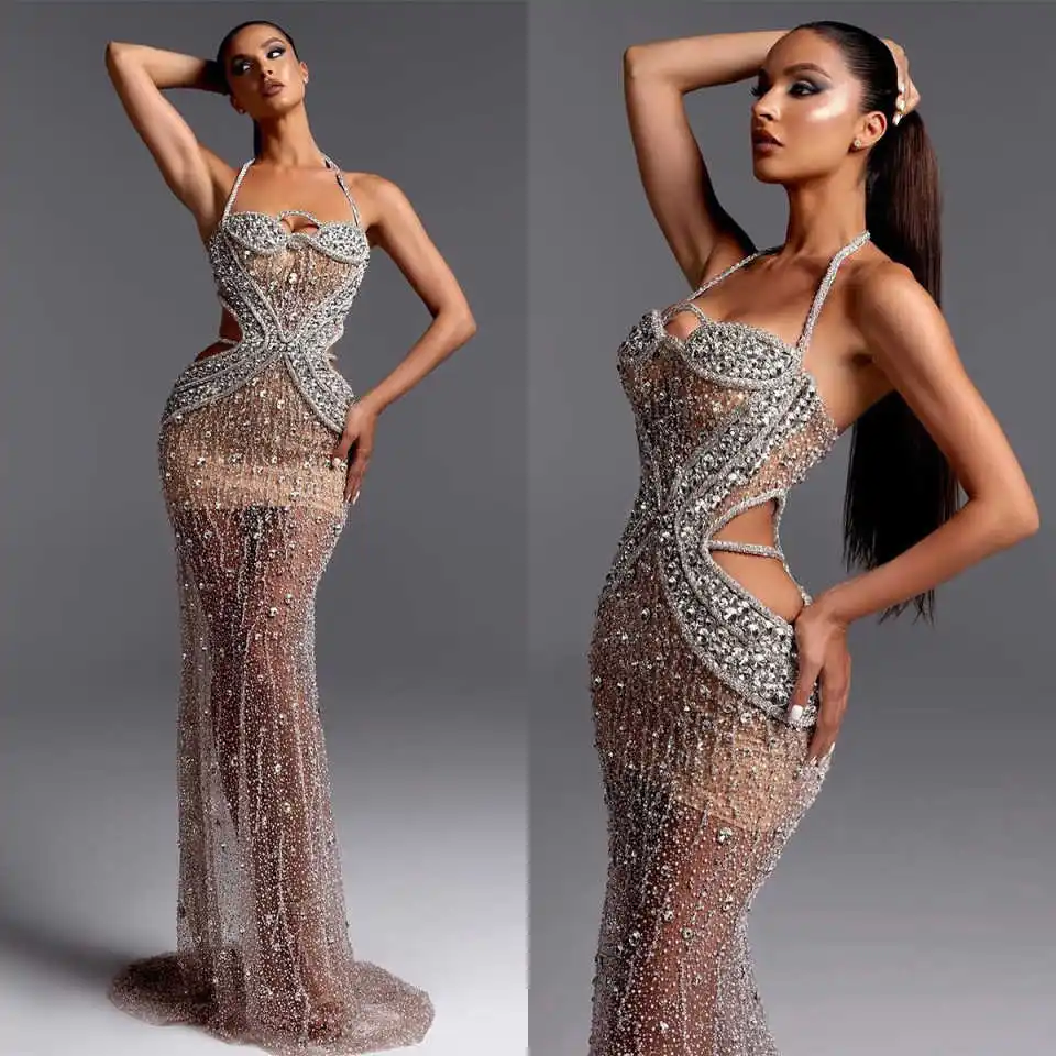 

Великолепные вечерние платья Русалка Холтер Стразы с открытой спиной и без рукавов Пром платья Бальные платья по индивидуальному заказу Robe De Soirée