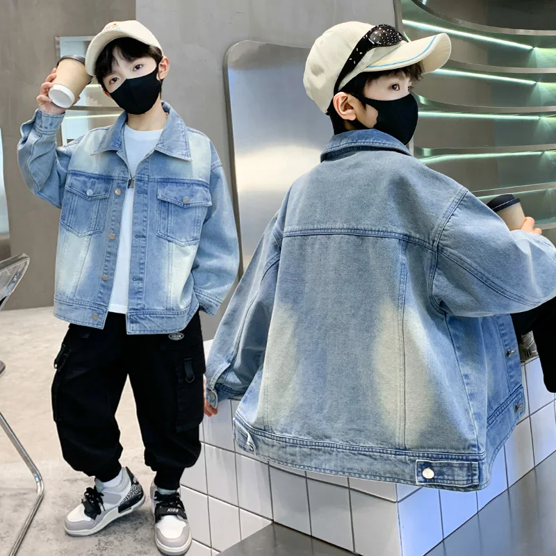 2025 New Boys' Korean Style Denim Jacket with Front Pocket Kids Child Multi Season Casual Long Sleeve Coat Hot Sale Age 3-14 Y
