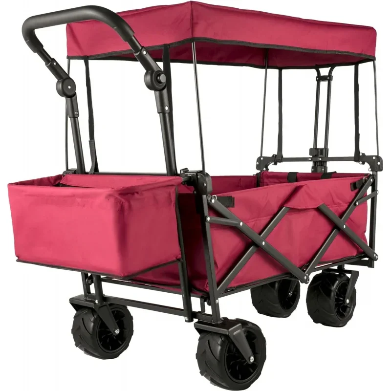 Collapsible Wagon with Removable Canopy, 220lbs Heavy Duty Foldable Beach Wagon with Big Wheels, Folding Outdoor Utility Wagon