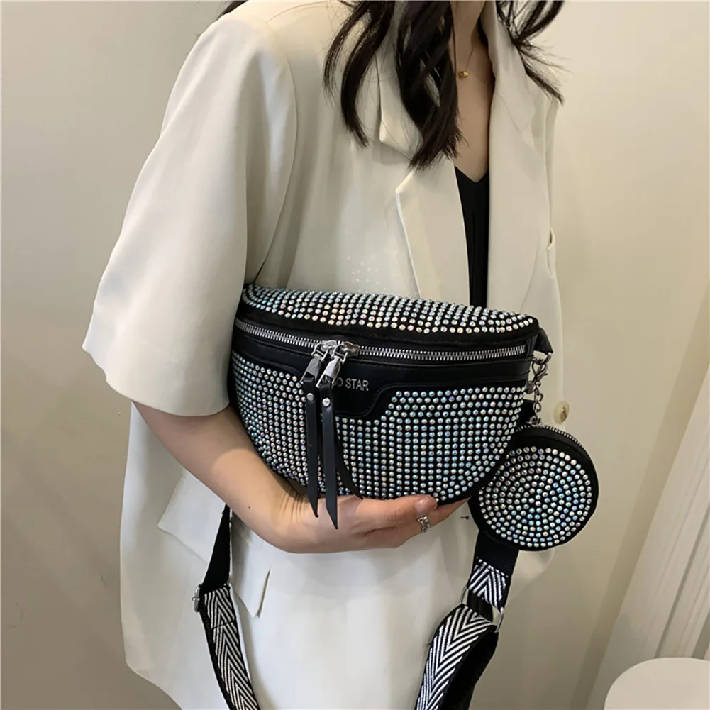 Fashion Rhinestone Waist Belt Bag Women Chest Crossbody Pack PU Bling Fanny Pack