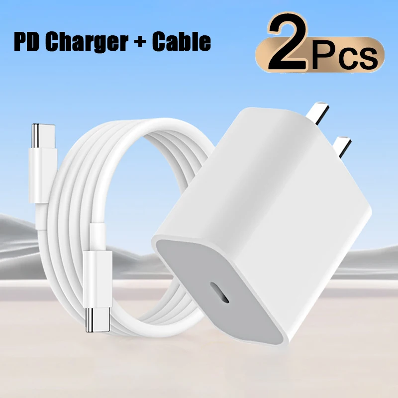 2PCS 20W US Plug Sets PD Fast Charging Wall Charger Adapter For iPhone 16 15 Xiaomi Samsung USB Type C Phone Charger with Cable