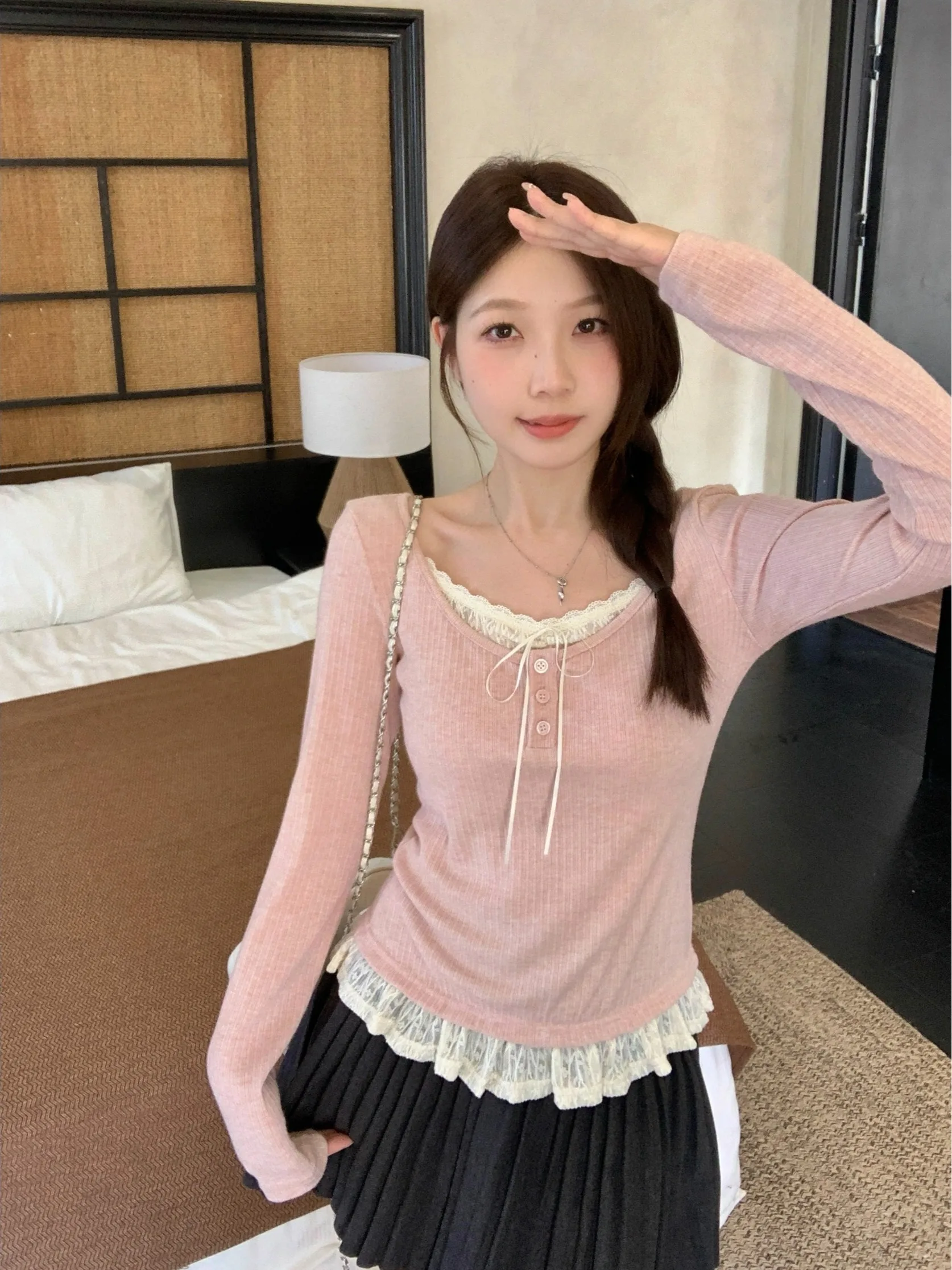 

plus Size Lace Patchwork Long Sleeve T-Shirt Slimming Design Color Block Top for Early Autumn Korean Style Commute Fashion