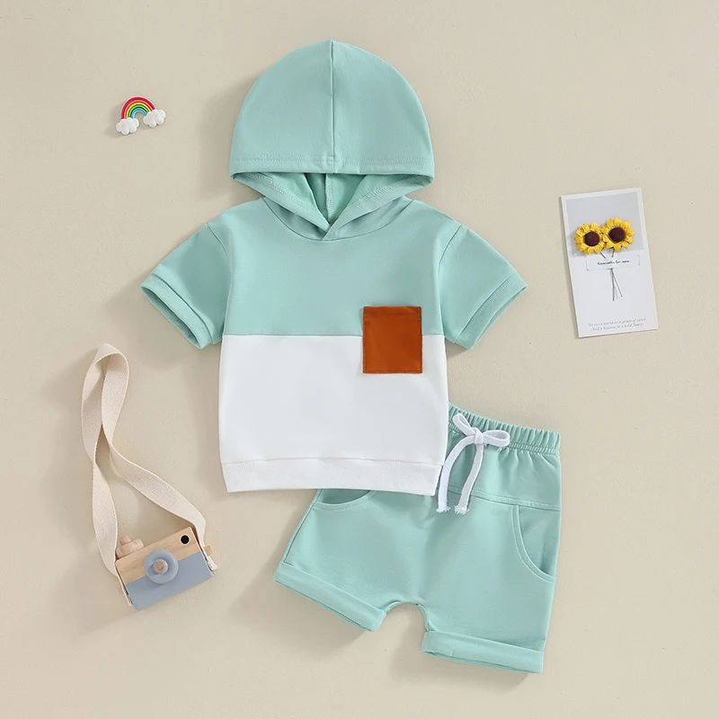 2023-11-03 Lioraitiin 3M-3Y Toddler Baby Boy Clothes Set Contrast Color Short Sleeve Hooded Tops+Stretch Short Infant Boy Outfit