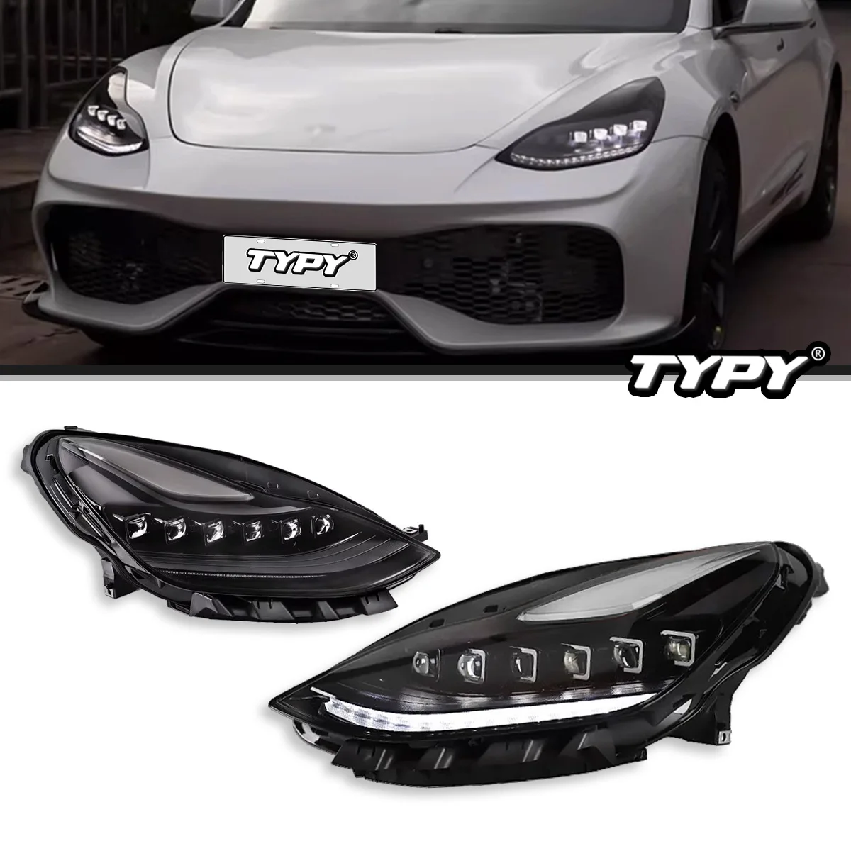 

Автомобильные фары TYPY для Tesla Model 3/Y, обновление 2019-2022, модифицированное для нового DRL, динамический указатель поворота, светодиодная фара
