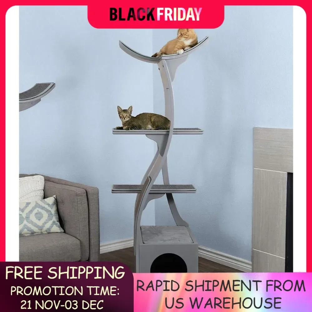 69 Inch Tall Smoke Gray Lotus Cat Tower, Multi-Level Modern Cat Tree for Indoor Cats with Scratching Post, Climbing Cat Condo