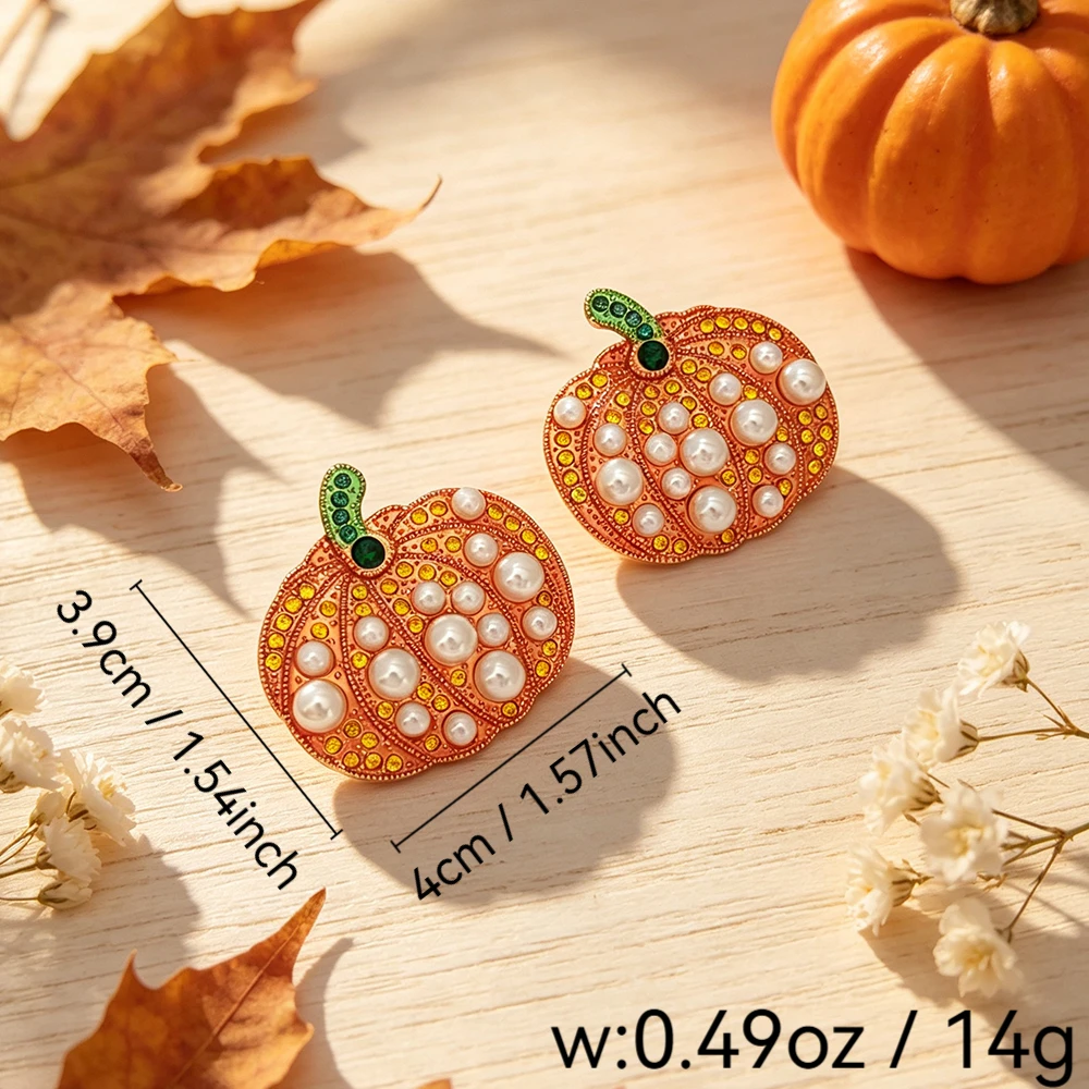 A Pair of Orange-Red Faux Pearl Pumpkin Earrings with Yellow-Green Colored Diamonds, Halloween Autumn Harvest Atmosphere Women's Earrings