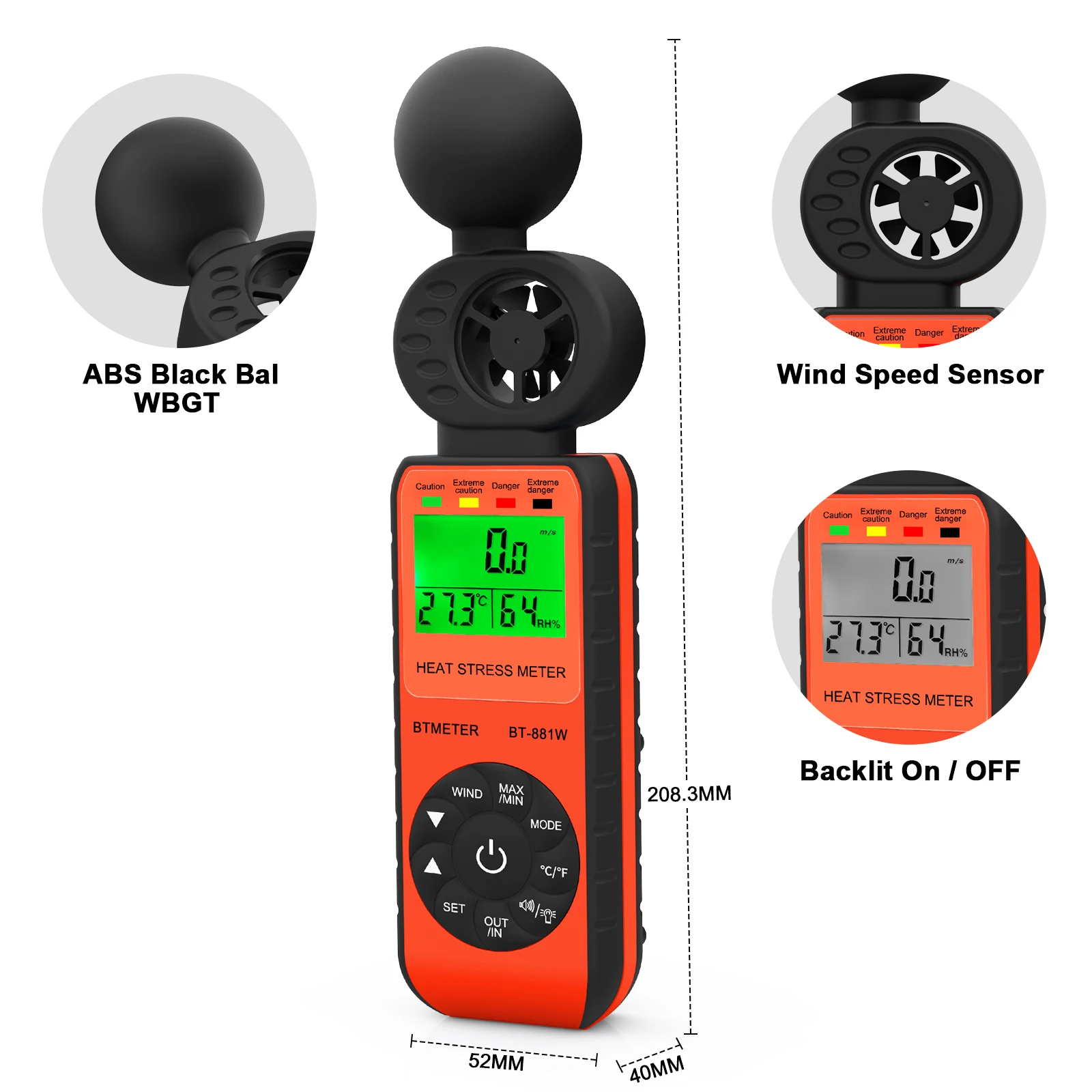 BT-881W Heat Stress Monitor, 3-in-1: Wet Bulb Globe Thermometer, Anemometer, WBGT Alarm. Measures wind, humidity, temp (℃/℉).