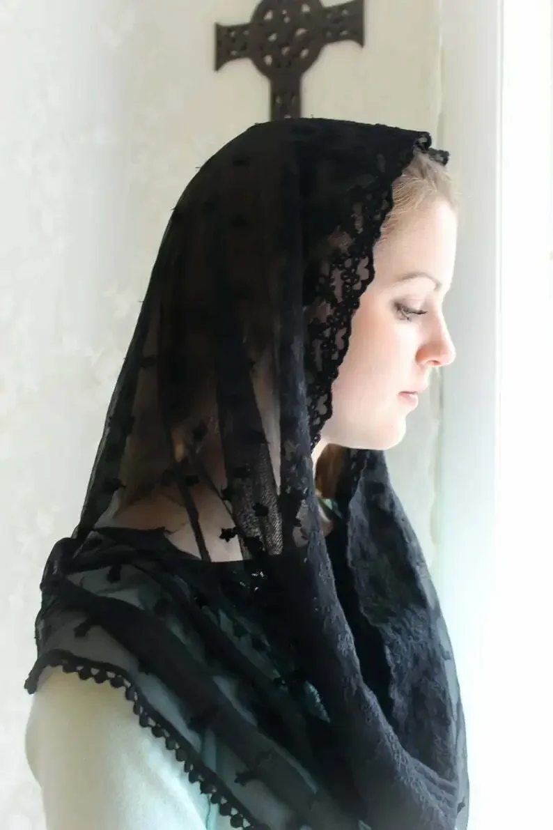 Muslim Catholic lady Lace Shawl sub head scarf BEIGE BLACK Hijab Head wrap for women