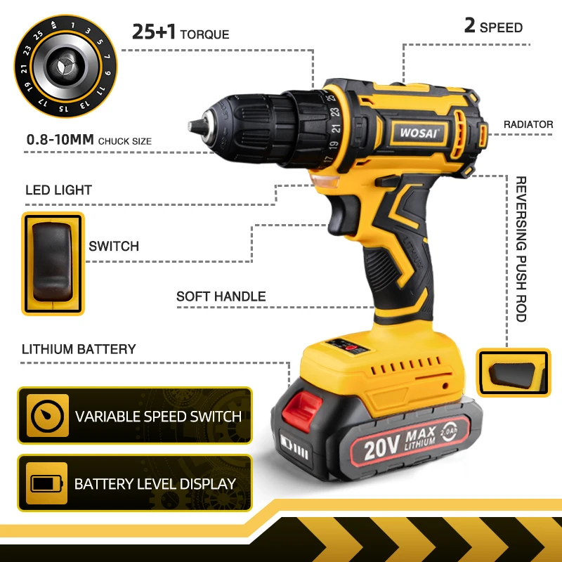 WOSAI 20V Brushless Electric Drill 50NM Cordless Screwdriver Lithium-Ion Battery Mini Electric Power Screwdriver MT-Series Tool