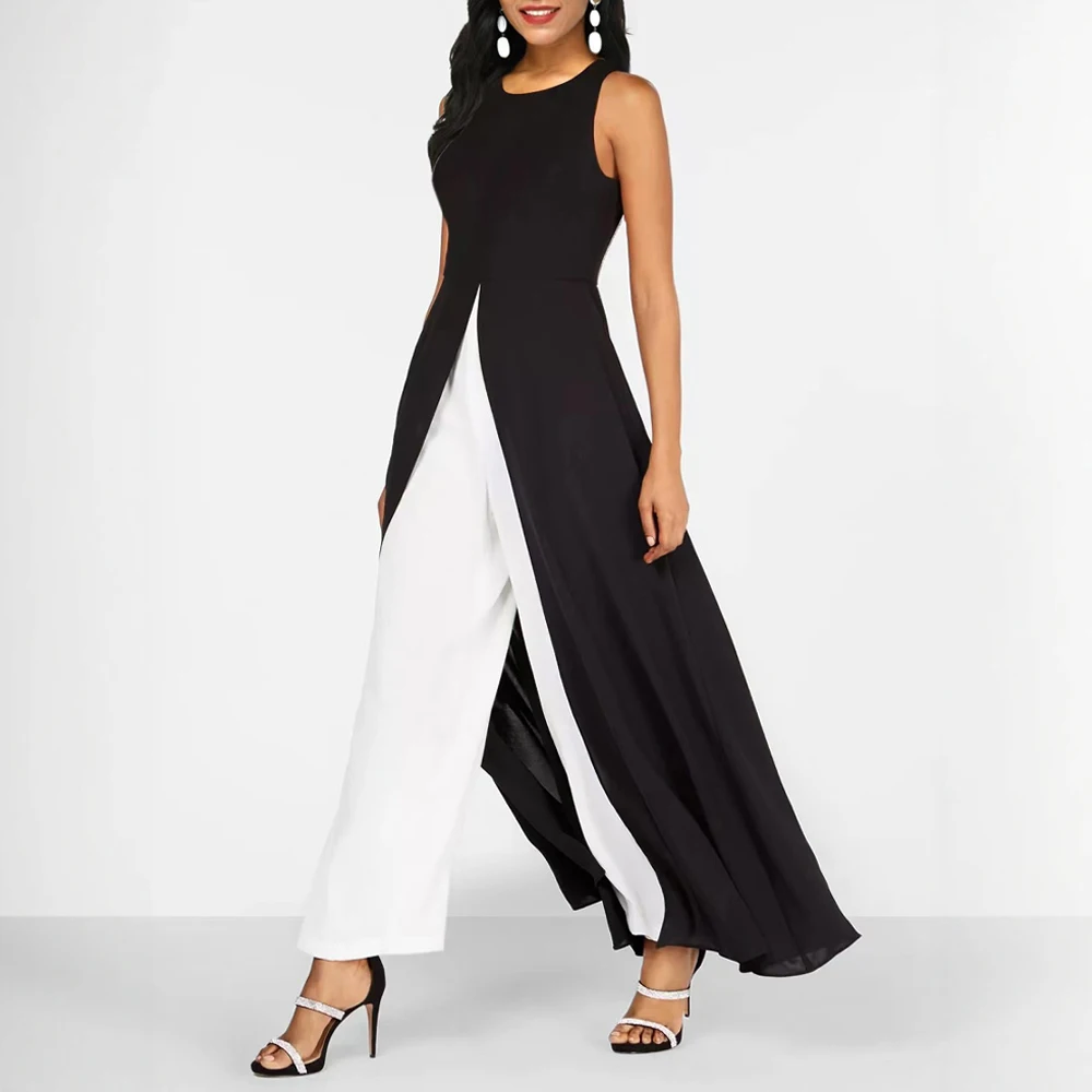 レディース サマー ジャンプスーツ ファッション コントラストカラー ノースリーブ クルーネック フルレングス ワイドレッグ