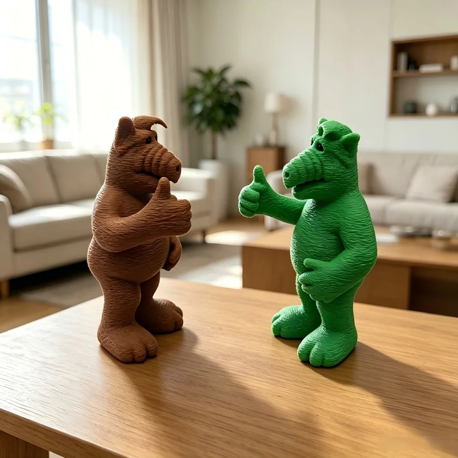 3D print thumb-up alien statue, green and brown plastic statue for displaying the thumb, a symbol to commend achievements